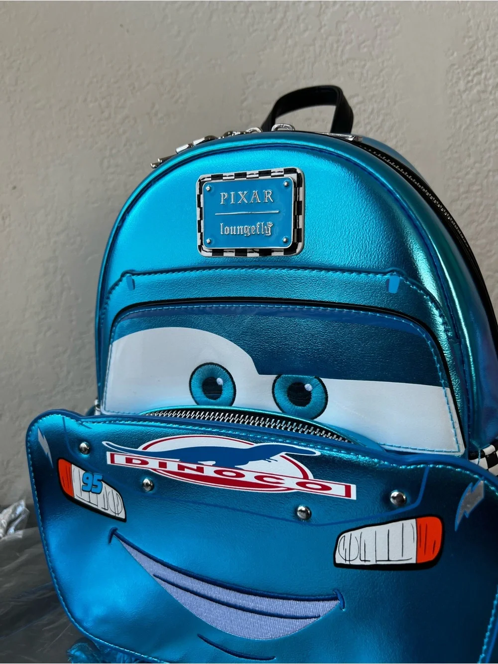 Loungefly Disney Pixar Cars Metallic Dinoco Lightning McQueen Mini Backpack NWT